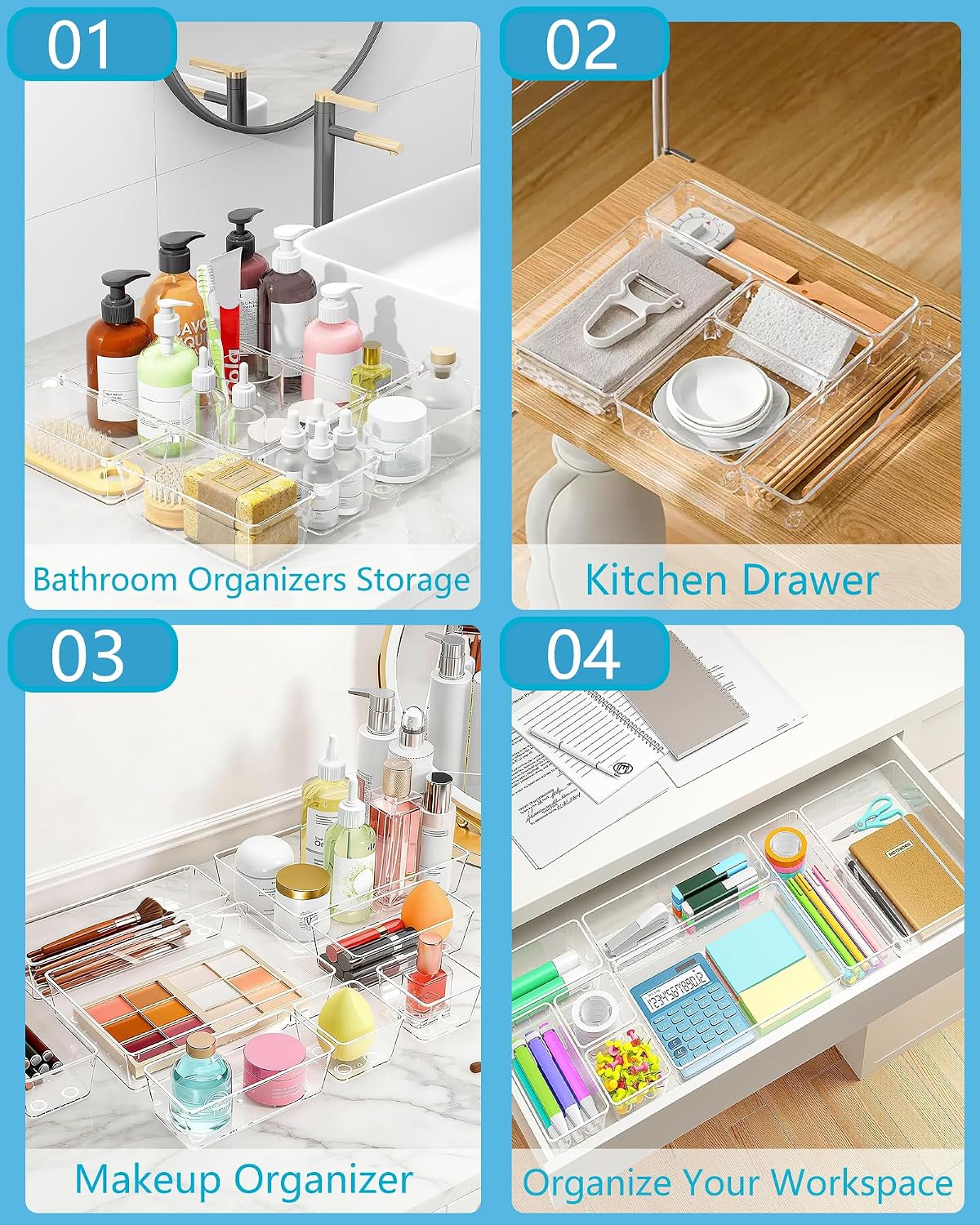 44 Pcs Makeup Drawer Organizer Set, 4 Sizes Versatile Vanity Drawer Organizer for Makeup, Non-Slip Desk Organizer Trays for Bathroom, Bedroom, Office, Fits Jewelry and Office Supplies