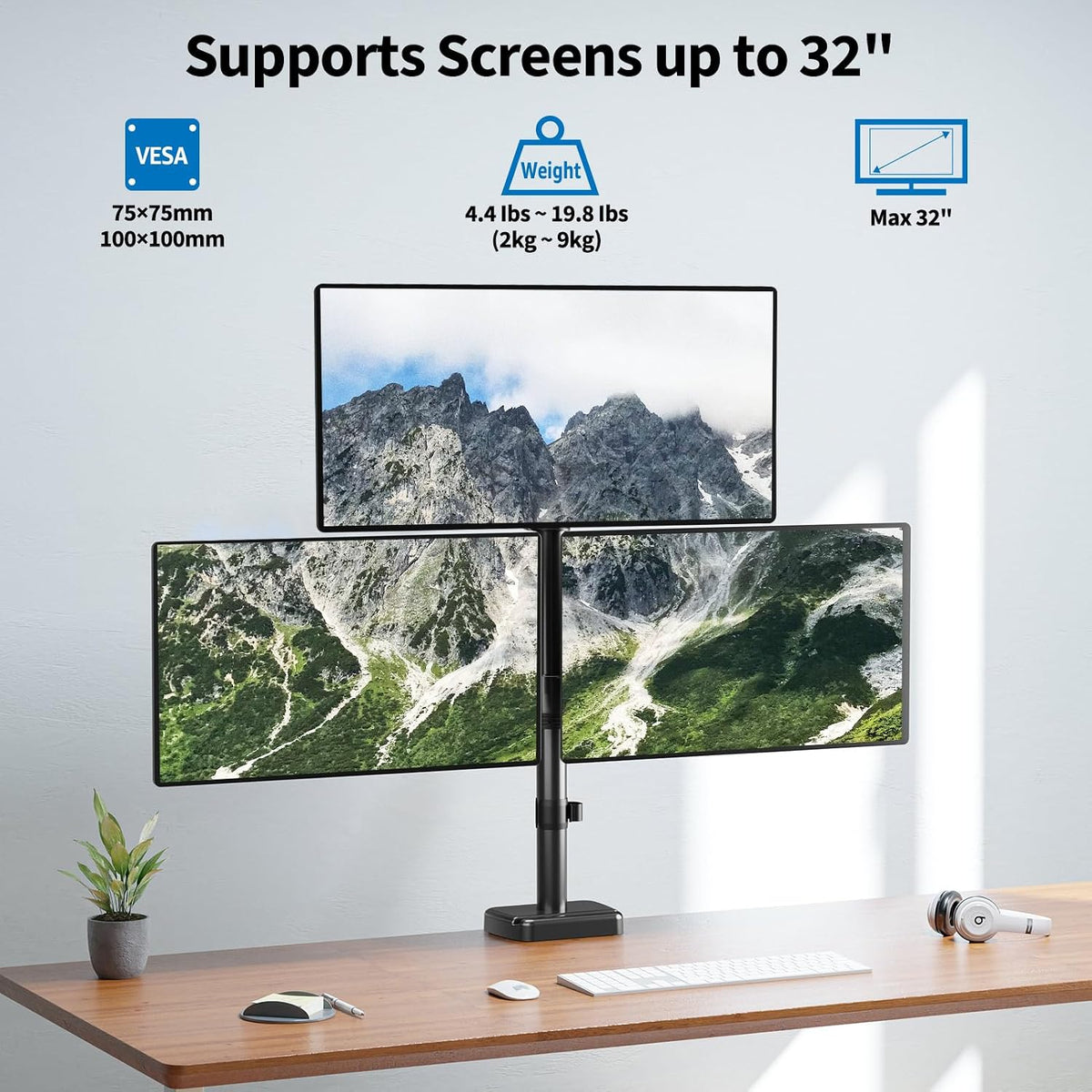 Triple Monitor Mount Fits Max 32" Computer Screen Triple Stand