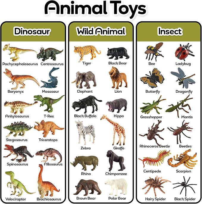 Dinosaur Toys for Kids 3-5, Insects and Bugs, Safari Jungle Animal Figures, 3 in 1 Animal Toys Figurines with T-Rex, Party Favor Gifts for Boys Girls, 36PCS