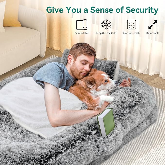 DWVO Human Dog Bed for Adult, 79" L X 43" W Large Human Size Dog Bed with Blanket and Pillow, Removable Cover, Grey