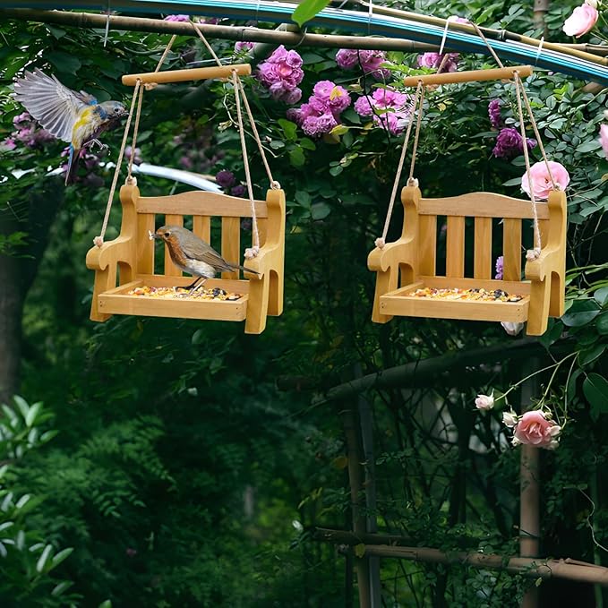 Notakia Set of 2 Swing Wild Bird Feeder Stand for Outside, Metal Mesh Bottom, Wood Bench Shaped Bird Feeders for Outside Hanging, Swing Chair Bird Feeder for Garden Yard Patio，Porch Decoration