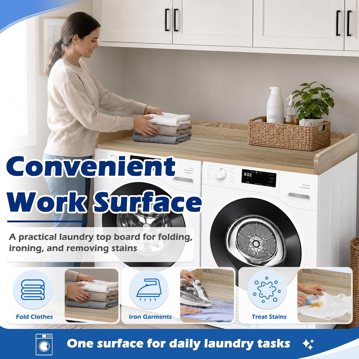 ROYXEN Washer Dryer Countertop, Laundry Countertop Solid Wood, Countertop for All Front-Loaded Washing Machine and Dryer, Extra Room for Laundry Room, White Oak