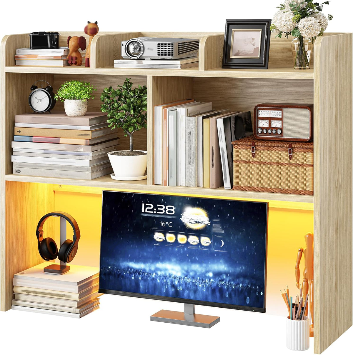 REIBII 3 Tier Desk Hutch, 6 Shelves to Storage, LED Desktop Shelf