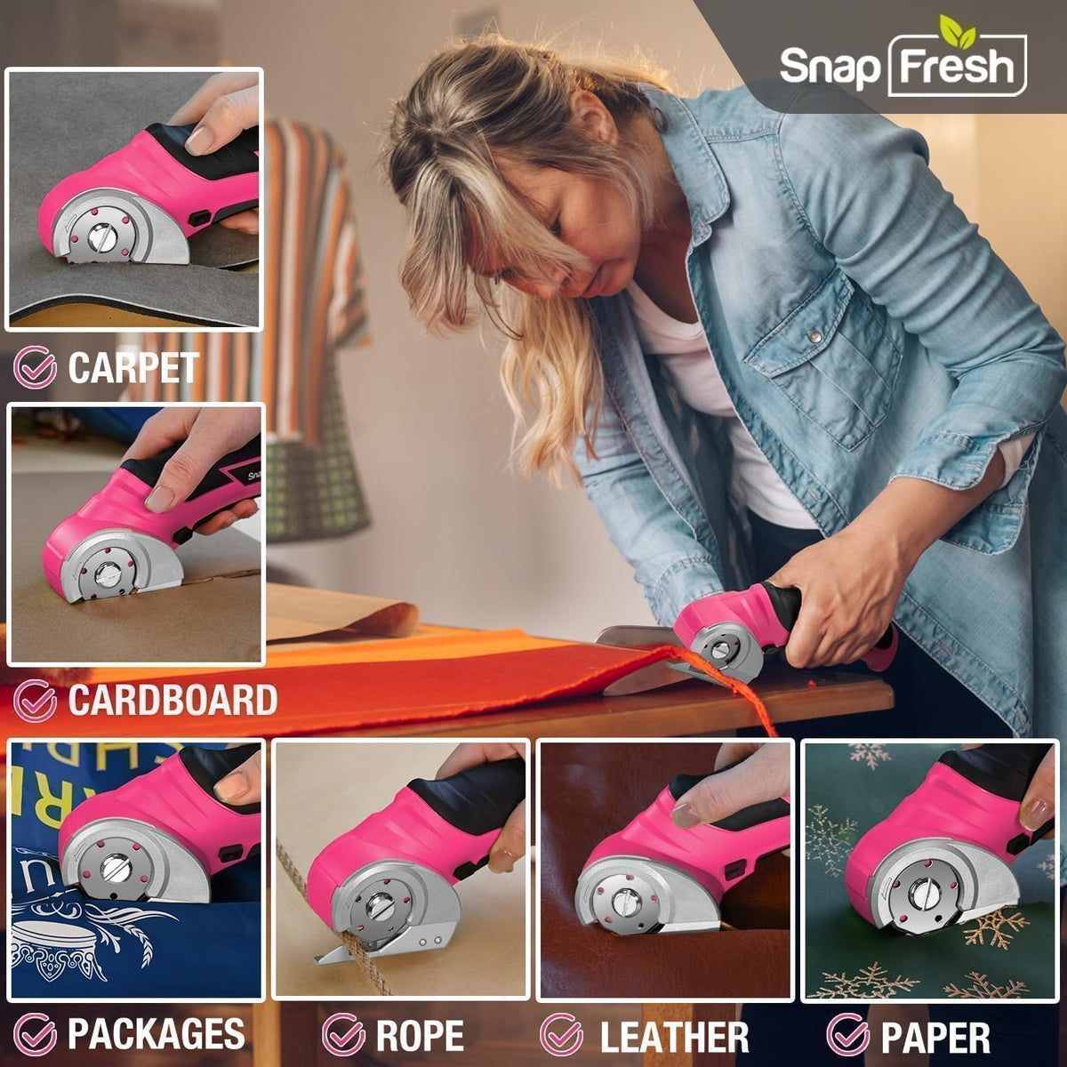 SnapFresh Cordless Electric Scissors, 4V Rechargeable Electric Box Cutter for Cardboard Boxes, Carpet & Paper, Rotary Cutter for DIY Projects, Safety Box Cutter with Battery & Type-C Cable (Hot Pink)