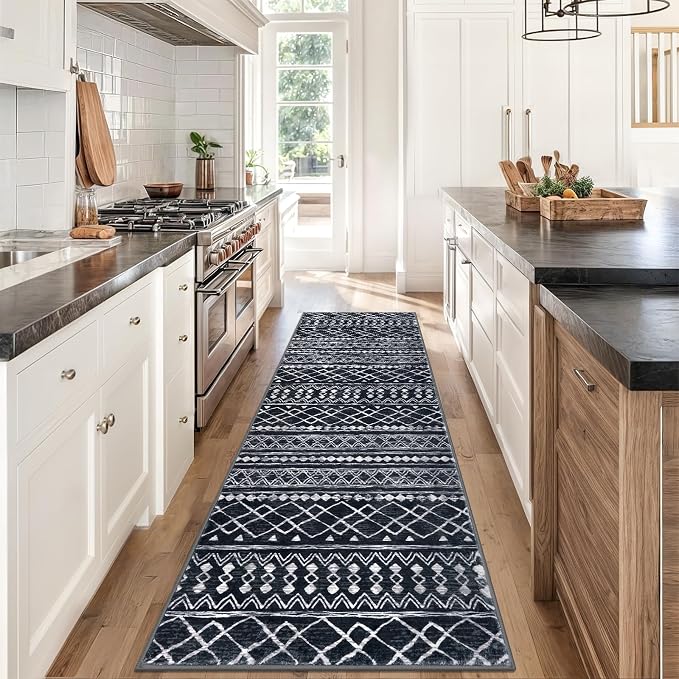 KUTA Moroccan Washable Runner Rug 2.6x8, Non-Slip Vintage Black Boho Hallway