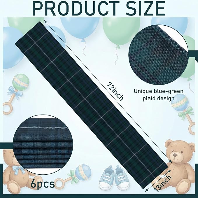 Gilprop 6 Pcs 72 x 13'' Tartan Plaid Bear Babyshower Table Runner Vintage