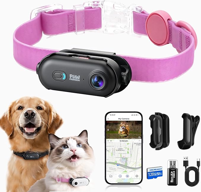 4K UHD Cat& Dog Pet Camera Collar, Video Recorder with Phone App Live View, Outdoor & Indoor POV Action Cam for Kitty and Big Cats(Black - Pink Waterproof Collar - S, 128g)