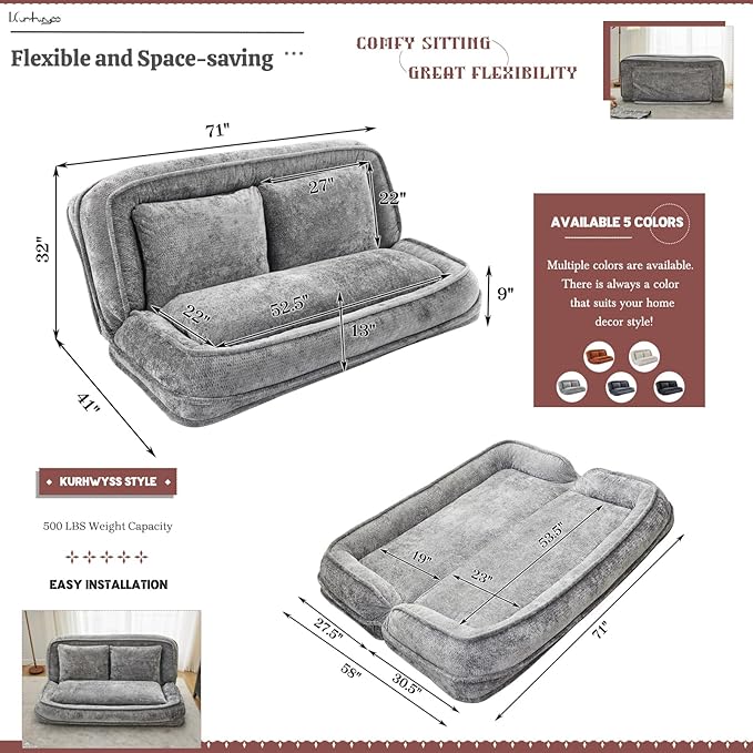 Extra Large Human Dog Bed for Adult & Pets, Convertible Floor Sofa Bed with 5 Adjustable Position, Lazy Couch Giant Bean Bag Lounge Chair Comfy Tatami with 3 Pillows for Bedroom Living Room (Grey)