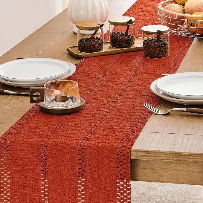 Macrame Style Boho Table Runner, 12x90 Inch Dark Orange | Woven Boho Table