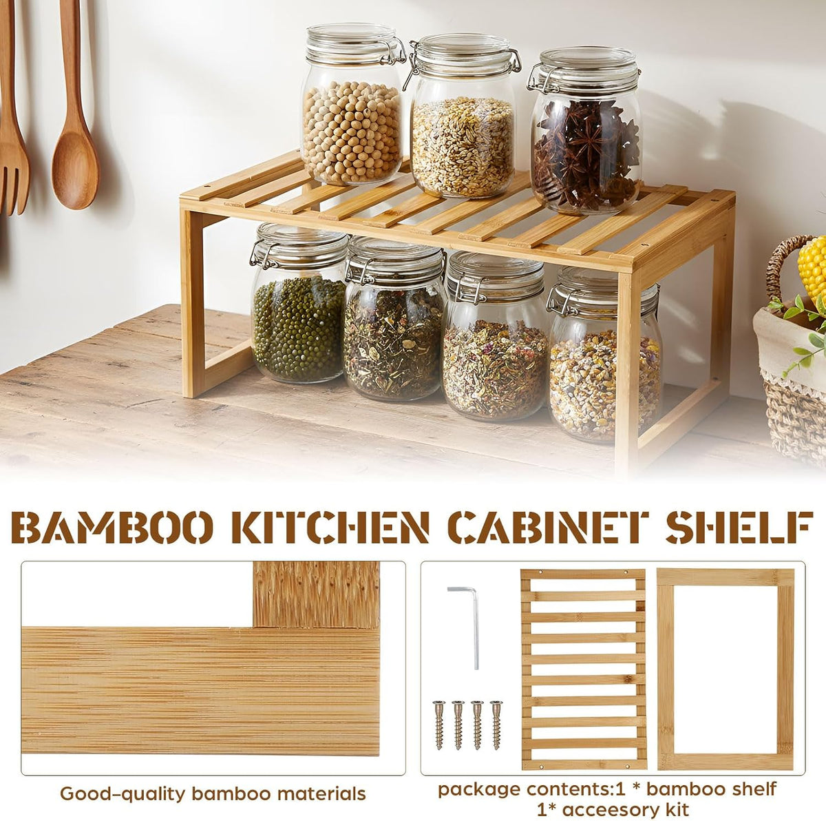 2 Pcs Kitchen Cabinet Organizer Bamboo Bookshelf Bamboo Kitchen Shelves, Cabinet Shelf Organizer, Storage Shelves for Pantry Bathroom Dining Room Study Laundry