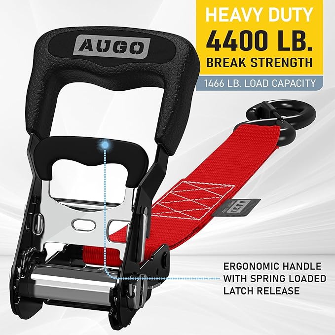 AUGO Heavy Duty Ratchet Straps & Soft Loops – Pack of 4 Extra Strong 1.5” by 15’ Ratchet Straps w/S-Hook Safety Latches & 4 Soft Loop Tie Downs – 4400Lb Break Strength for Motorcycles, ATVs, Etc.