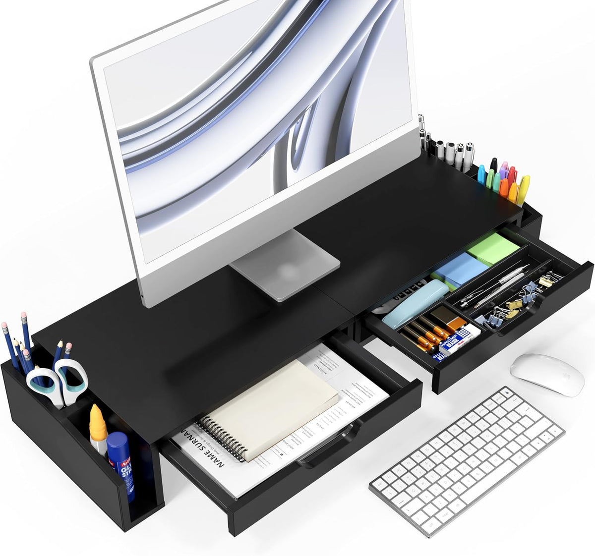 Simple Houseware Desk Dual Monitor Stand Riser with 2 Drawers, Black