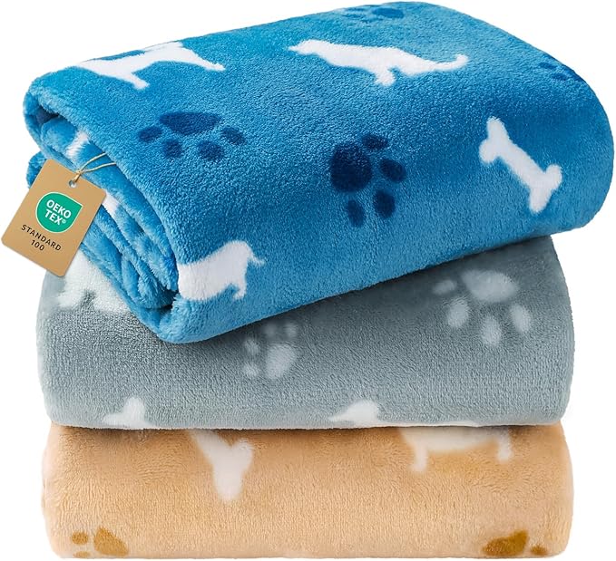 Luciphia 1 Pack 3 Blankets, Cute Dog Printed Fluffy Fleece Pet Blanket for Dogs Cats Washable, Warm Soft Throw Cover for Crate Couch, Gifts Puppy Essentials, Blue/Grey/Khaki, Medium (30x20 inch)