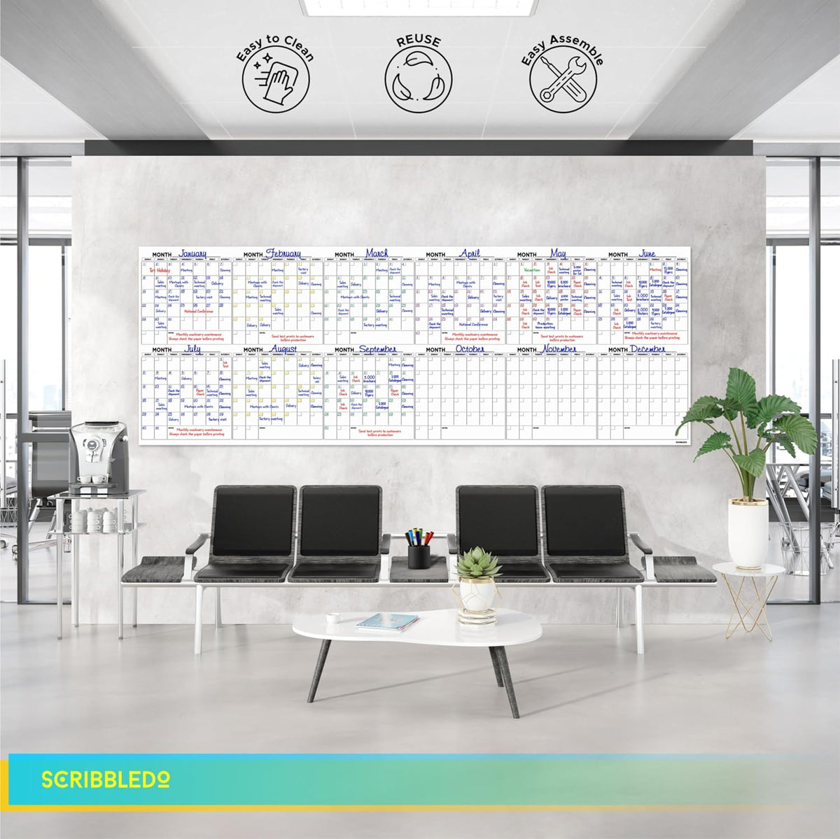 Extra Large 100"x36" Dry Erase Monthly Planner – 12-Month Whiteboard Calendar Includes 6 white Board Markers Eraser Push Pins & Mounting Tape