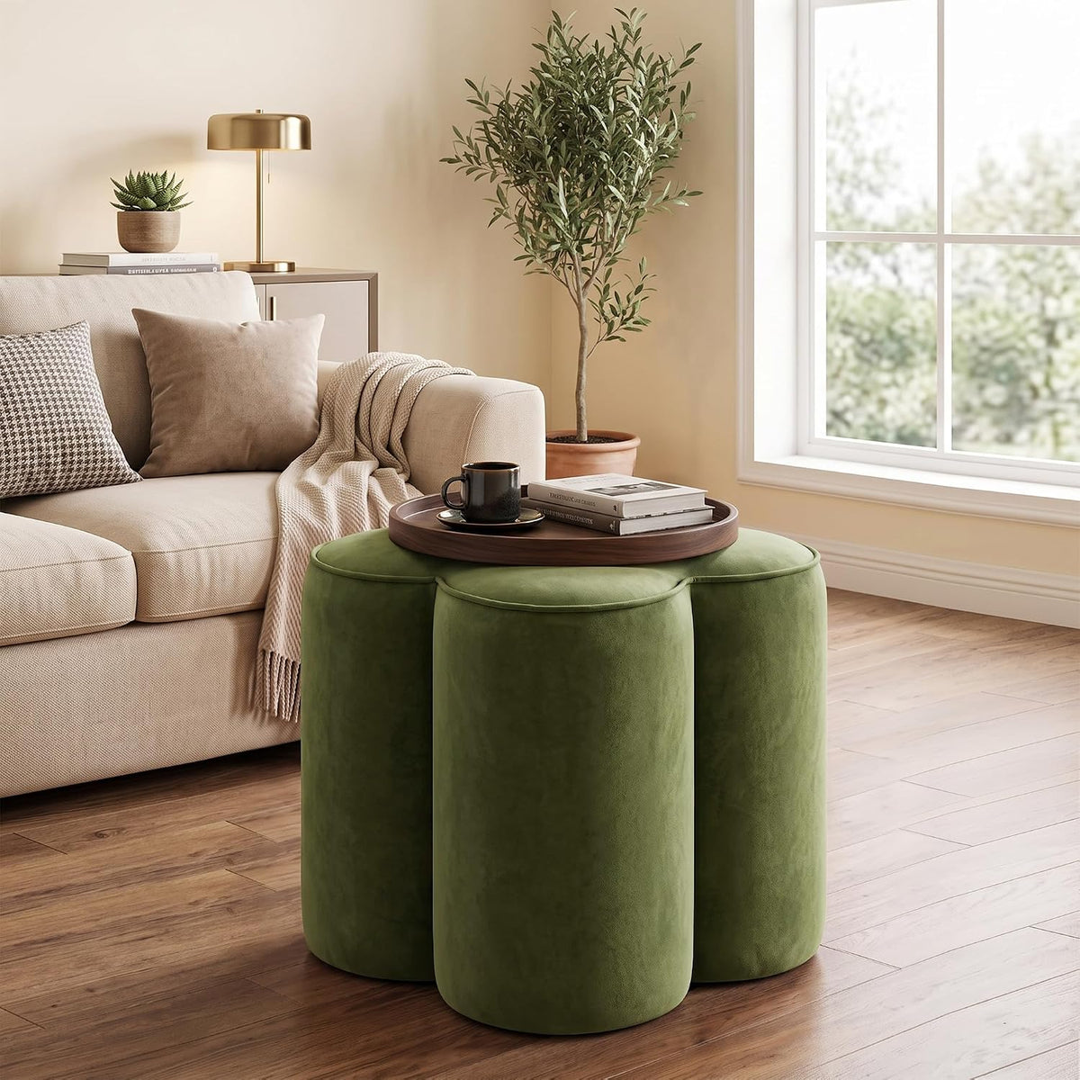Olive Green Velvet Ottoman Set of 2, Modern Small Vanity Stool