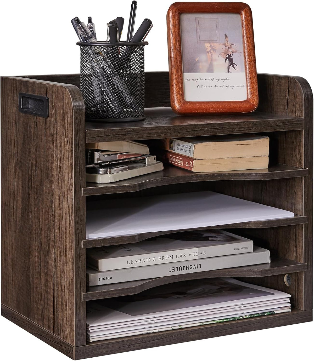 YMYNY Desktop File Organizer with Handle, Document Letter Mail Tray Sorter with 3 Adjustable Shelves, 5 Tiers Paper Holder for Home Office Desk, Black Gray,13.4 * 12.4 * 9.06" UHBC006G