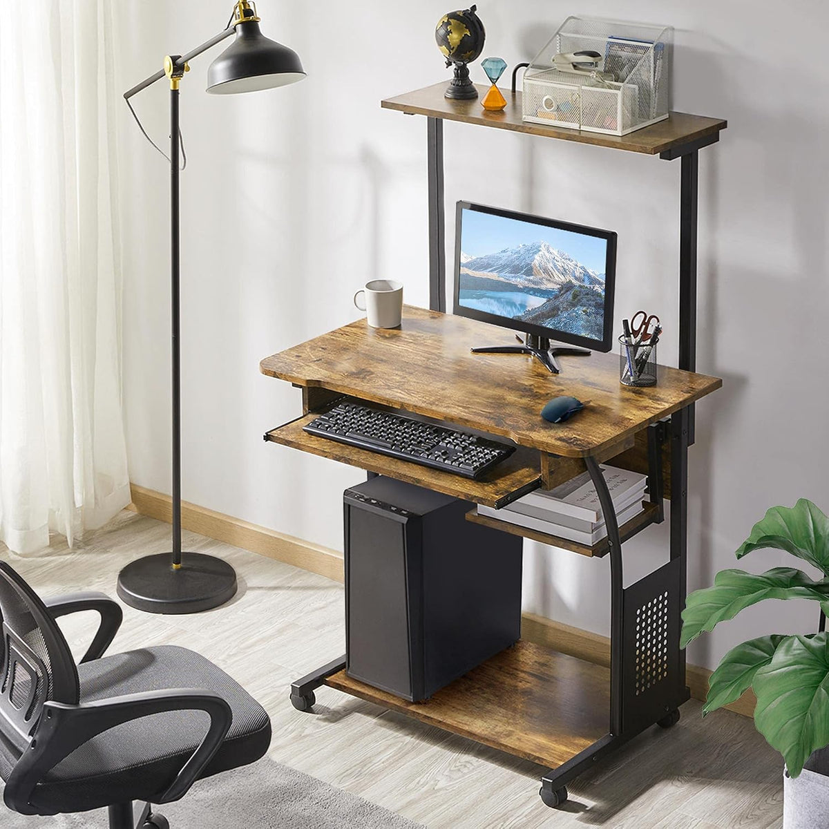 Topeakmart 2-Tier Rolling Desk with Printer Shelf & Keyboard Tray, Rustic Brown