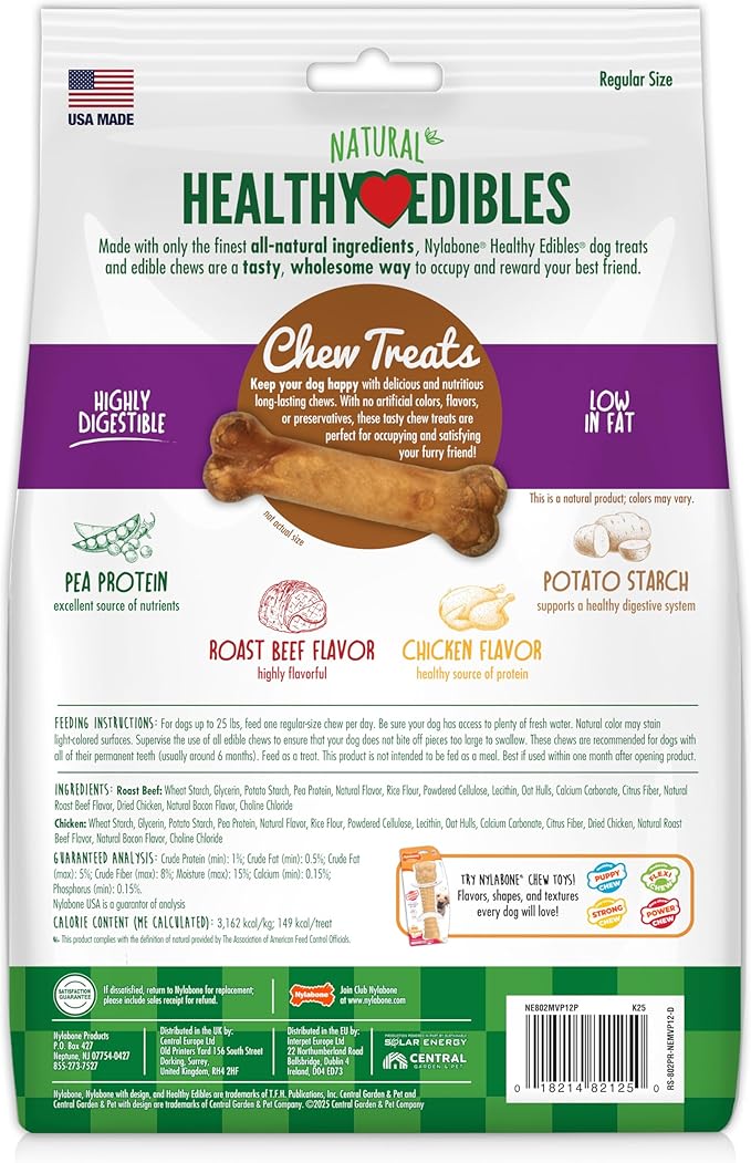Nylabone Healthy Edibles Natural Dog Chews, Long Lasting Bones for Dogs, Roast Beef & Chicken Flavor Dog Treats, Small (12 Count)