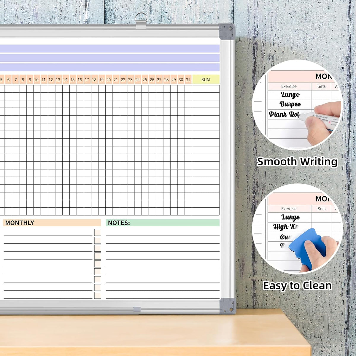 Habit Tracker Dry Erase Whiteboard with Silver Aluminium Frame for Wall 24" x 18"Hanging Removable Daily Weekly and Monthly Goal and Habit Tracker Motivational Goal & Planner Journal