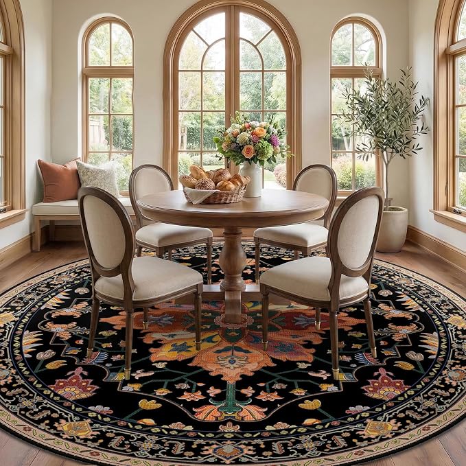RELEANY Area Rugs Round 8ft Washable Non-Slip, Floral Vintage Distress