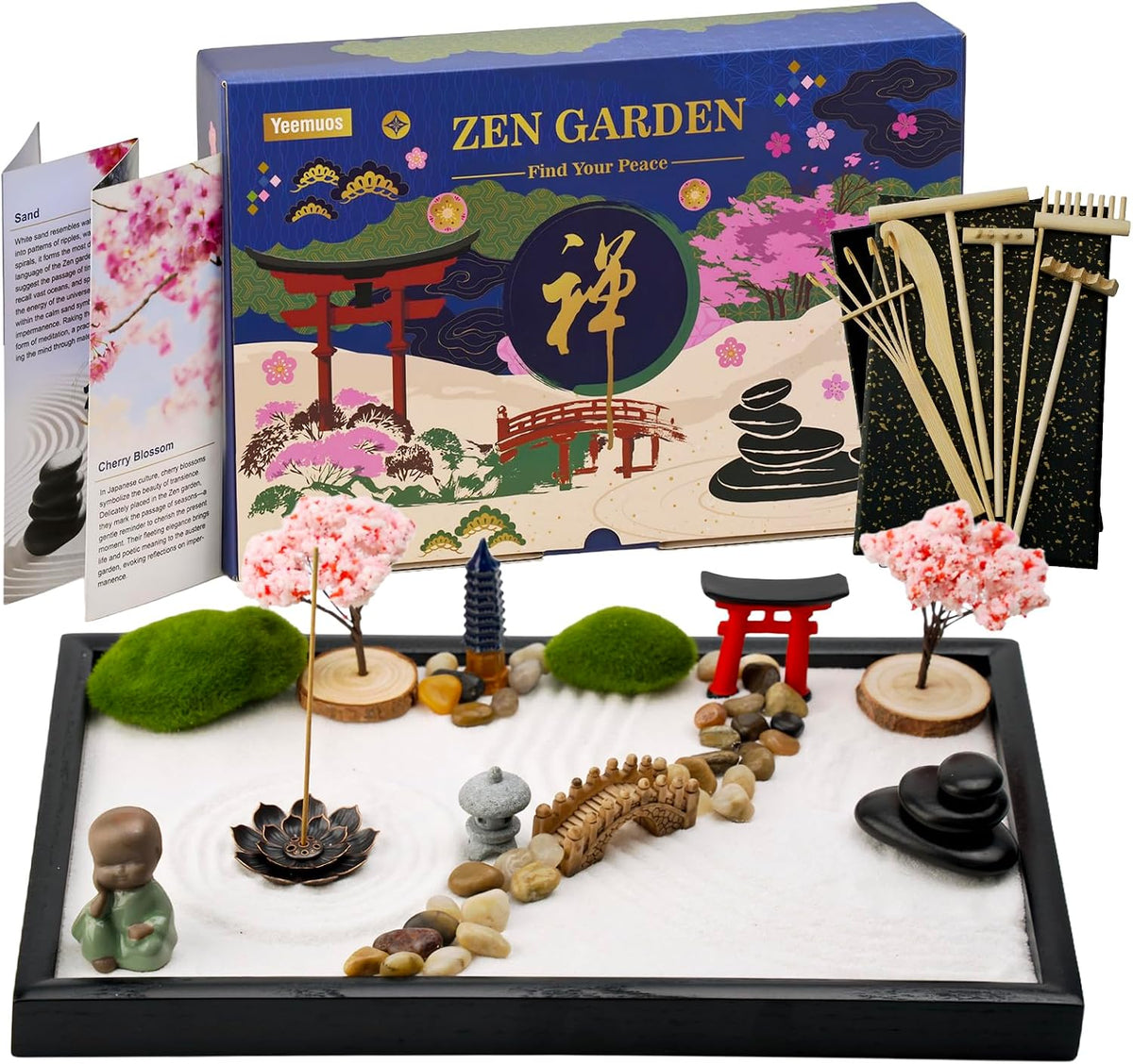 Yeemous Mini Zen Garden Kit for Desk, 12x8 Sand Tray with 16 Accessories