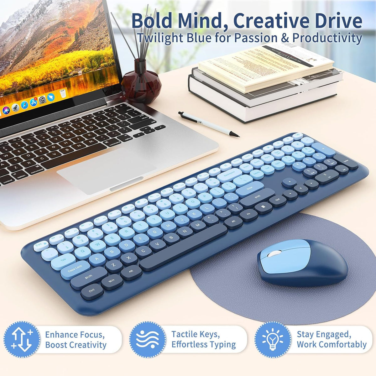 HotFox Blue Wireless Keyboard and Mouse Combo, Retro Typewriter Keyboard