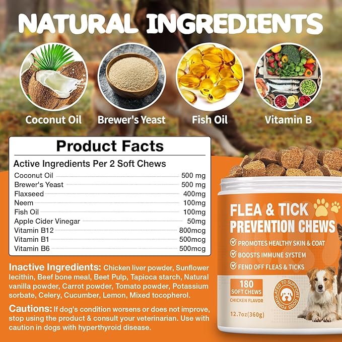 Flea and Tick Prevention for Dogs Chewables - Natural Dog Flea and Tick Treatment Chewable - Oral Flea Supplement for Dogs - Puppy Flea Support - All Breeds & Ages - 180 Soft Chews