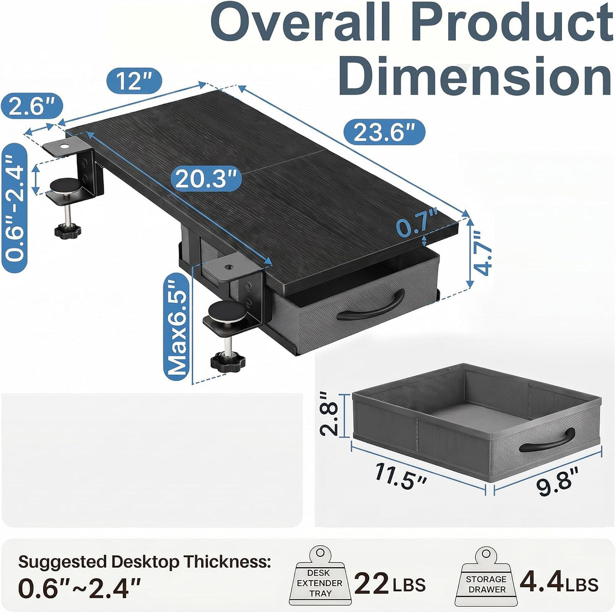Desk Extender Tray, 24" x 12" Clamp On Desk Extension Shelf with Drawer