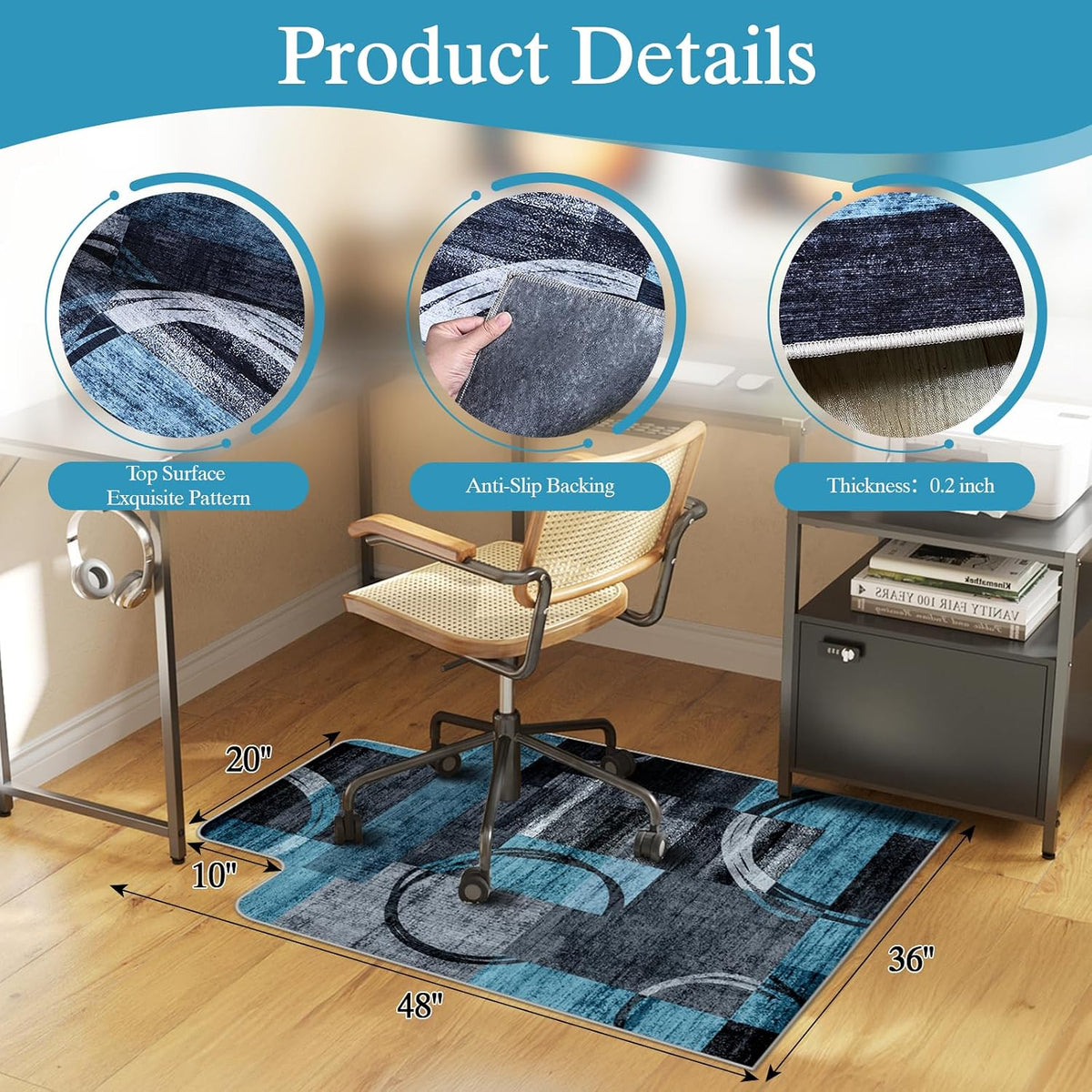 Office Chair Mat for Hardwood Floor & Tile Floor,36"X 48"-Convex Geo Blue