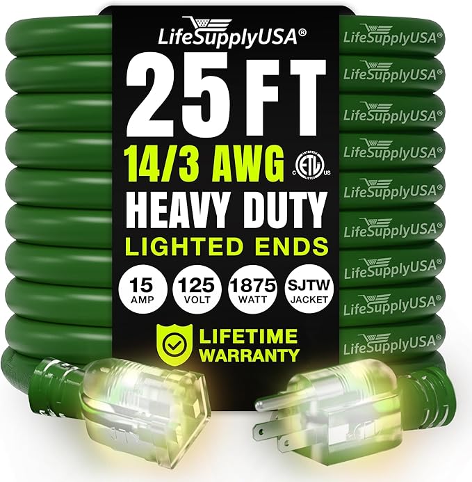 25ft Outdoor/Indoor Extension Cord 14/3 Gauge Heavy Duty 3 Prong SJTW, Waterproof, ETL Listed, Flexible Cold-Resistant Long Power Cord,15A 125V 1875W, Green by LifeSupplyUSA