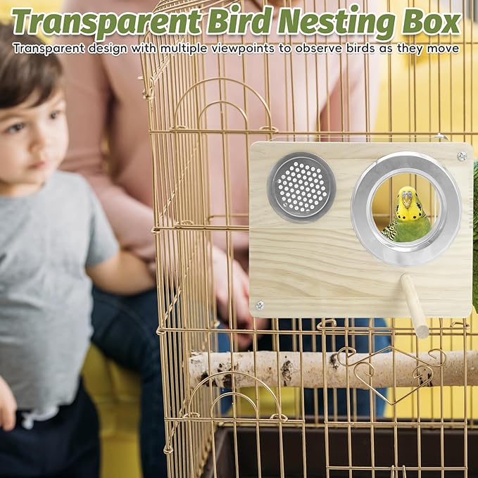 PINVNBY Transparent Acrylic Parakeet Nesting Box Budgie Breeding Box Bird Nest for Cage for Bird House with Perch for Parrots, Cockatiels, Lovebirds and Small Birds (L: 8.07 x 6.2 x 3.93 inch)