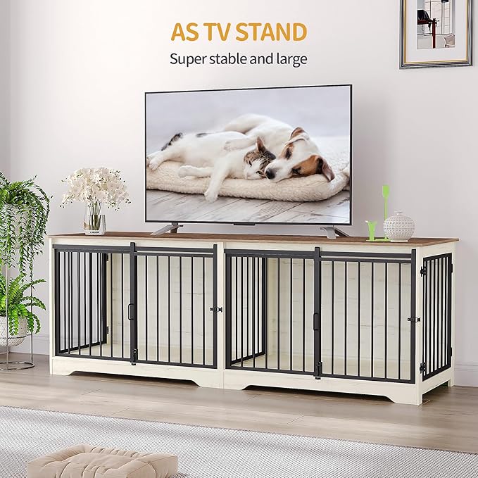 78" Dog Crate Furniture for 2 Dogs, Double Dog Cage with Divider, Wooden Heavy Duty Dogs Kennel, Pet Cage with Barn Door, TV Stand for Large Small Medium Dogs, White Brown DFC83714BV1