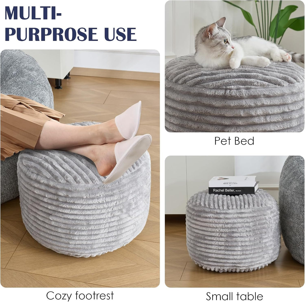 SHOUREN Stuffed Round Ottoman,Pouf Ottoman Foot Rest,20 X 15,Light Grey