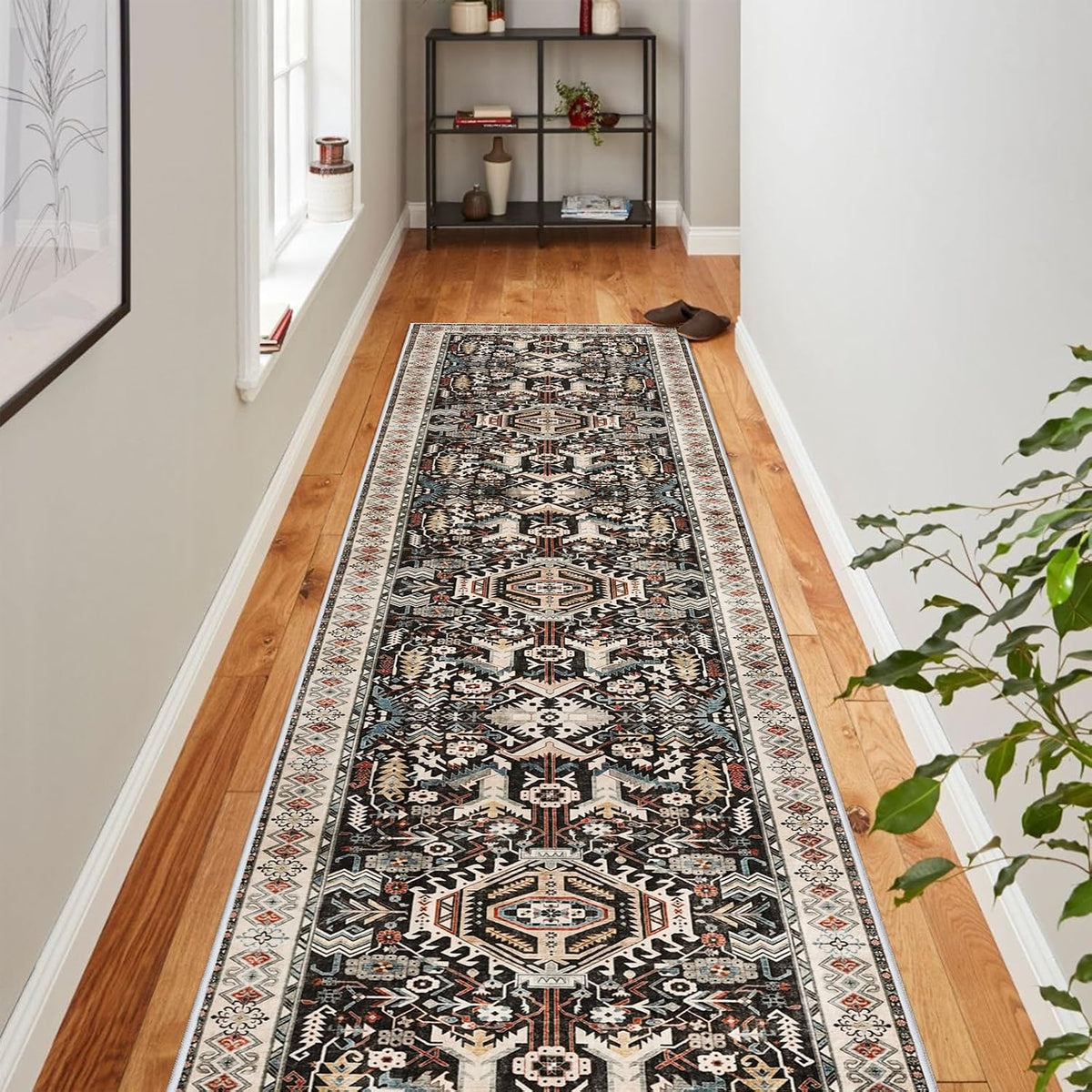 Washable Kitchen Runner Rug 2'6''x12' - Non-Slip Hallway Entryway Rugs with Rubber Backing Soft Thin Carpet for Bathroom Vintage Stain Resistant Indoor Home Decor Mat for Bedroom (Black, 2'6'' x 12')