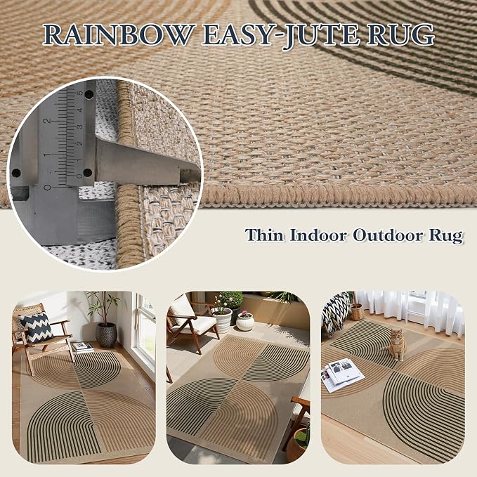 Lahome Enfys Modern Rainbow Easy Jute Rug, 4x6 Washable Rugs