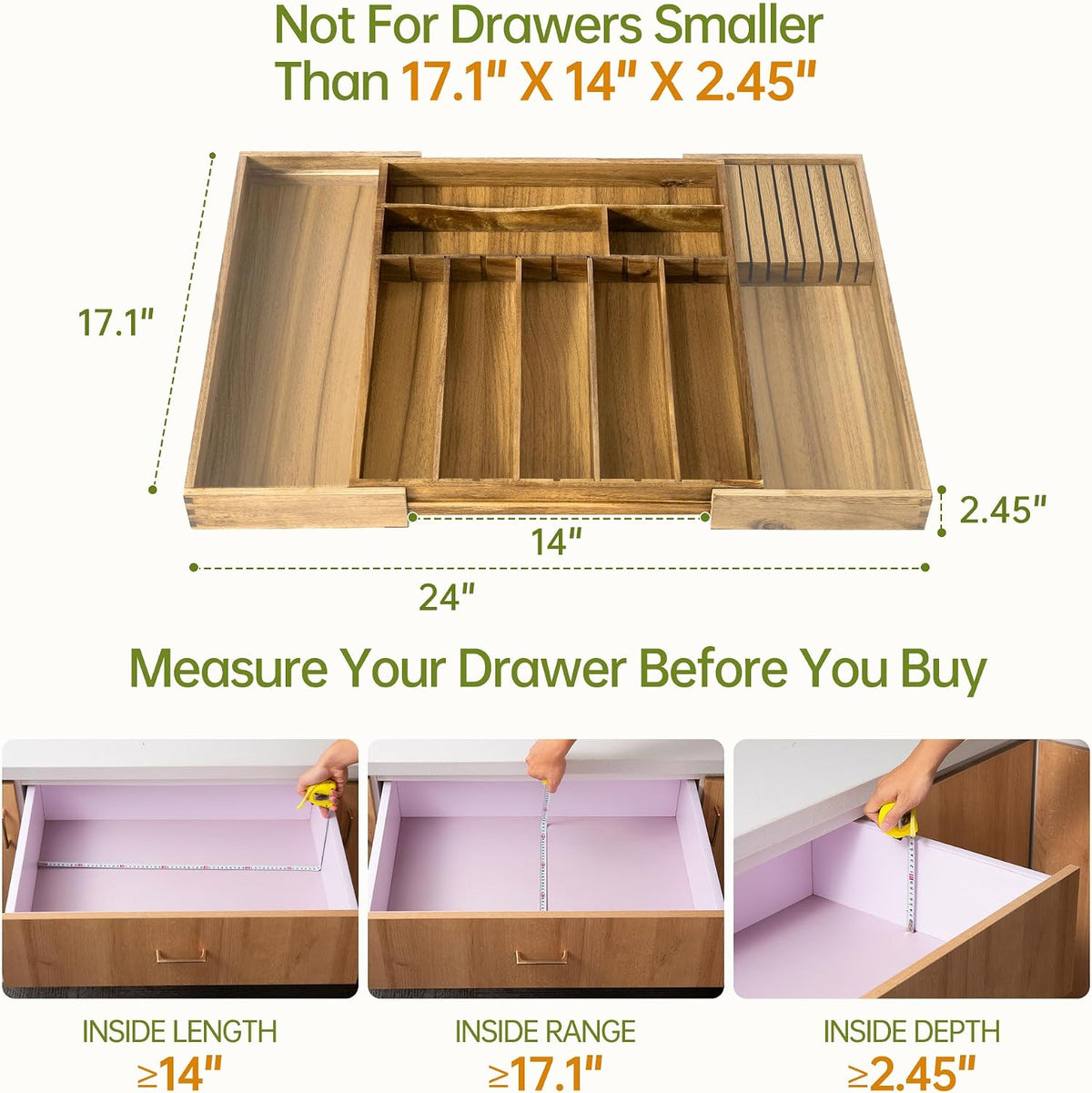 Acacia Expandable Silverware Drawer Organizer, Removable Knife Block
