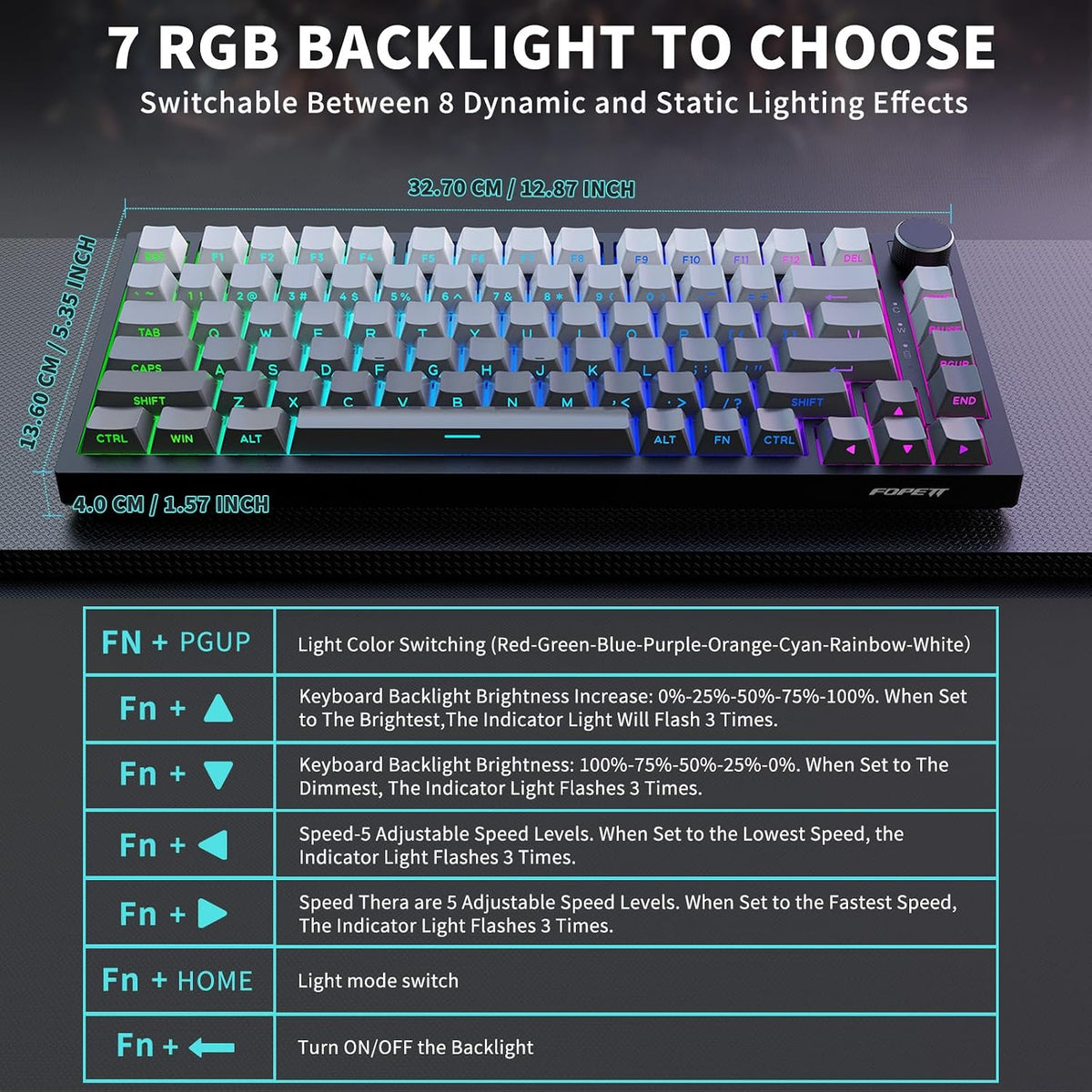 FOPETT Wireless Mechanical Keyboard Rechargeable Adjustable Backlight Three Mode Wired /2.4G /Bluetooth Side Engraved for Laptop/Windows/PC - Gradient Grey Black