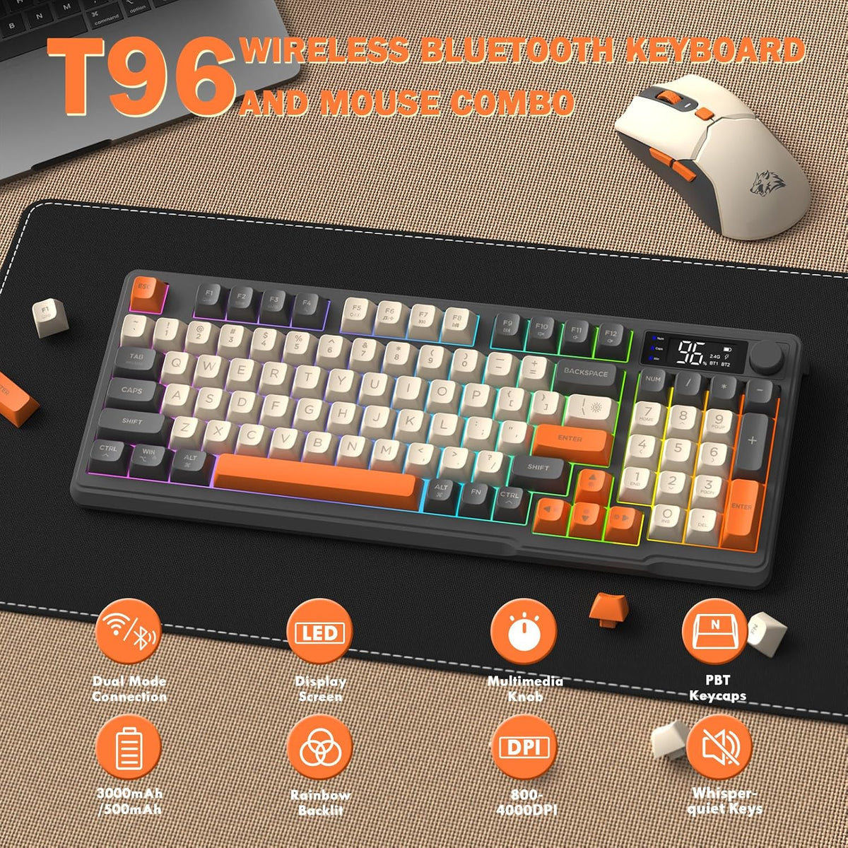 FREEWOLF T96 Smart Display Wireless Gaming Keyboard and Mouse Comb, 94Key LED Lighting Rechargeable Silent Membrane Keyboard with Knobs, 2000mAh Battery, 6-Button 4KDPI Mouse for Win/Mac(Glimmer)