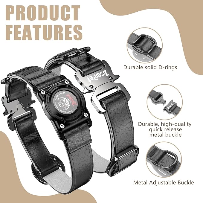 AirTag Dog Collar - Leather Dog Collar with Airtag Holder | IP68 Waterproof AirTag Holder with Metal Buckle, Comfortable GPS Dog Collars Tracker for Medium Large Dogs (Black, M)