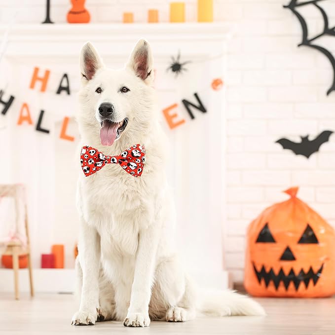 Halloween Dog Collar, Holiday Adjustable Ghost Skull Collar with Bow Tie Metal D-Ring & Secure Buckle Soft Nylon for Small Medium Pets Puppies
