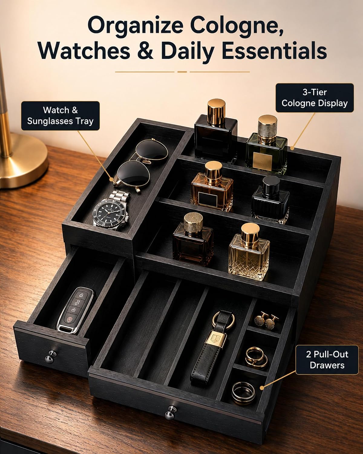 2-Drawer Cologne Organizer for Men, Fully Assembled, Solid Pine, Black/Gray