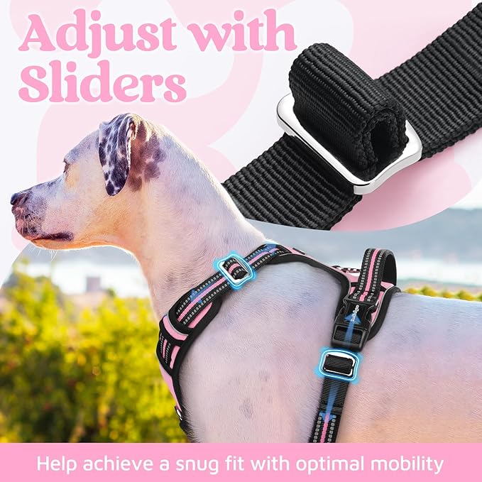 rabbitgoo Dog Harness for Large Dogs, No Pull Pet Vest with 3 Buckles, Adjustable Soft Padded Pet Harness with Easy Control Handle and Reflective Strips, Light Pink, L