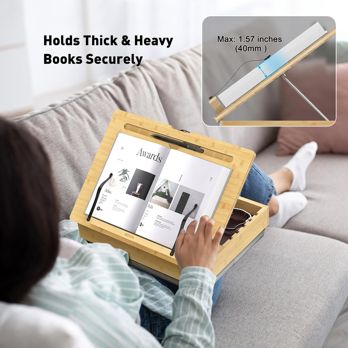 AboveTEK Book Stand for Reading with Storage, Adjustable Bamboo Book Holder with Soft Lap Cushion, Cookbook Stand, Hands-Free Book Reading Stand for Bed, Desktop & Kitchen Counter