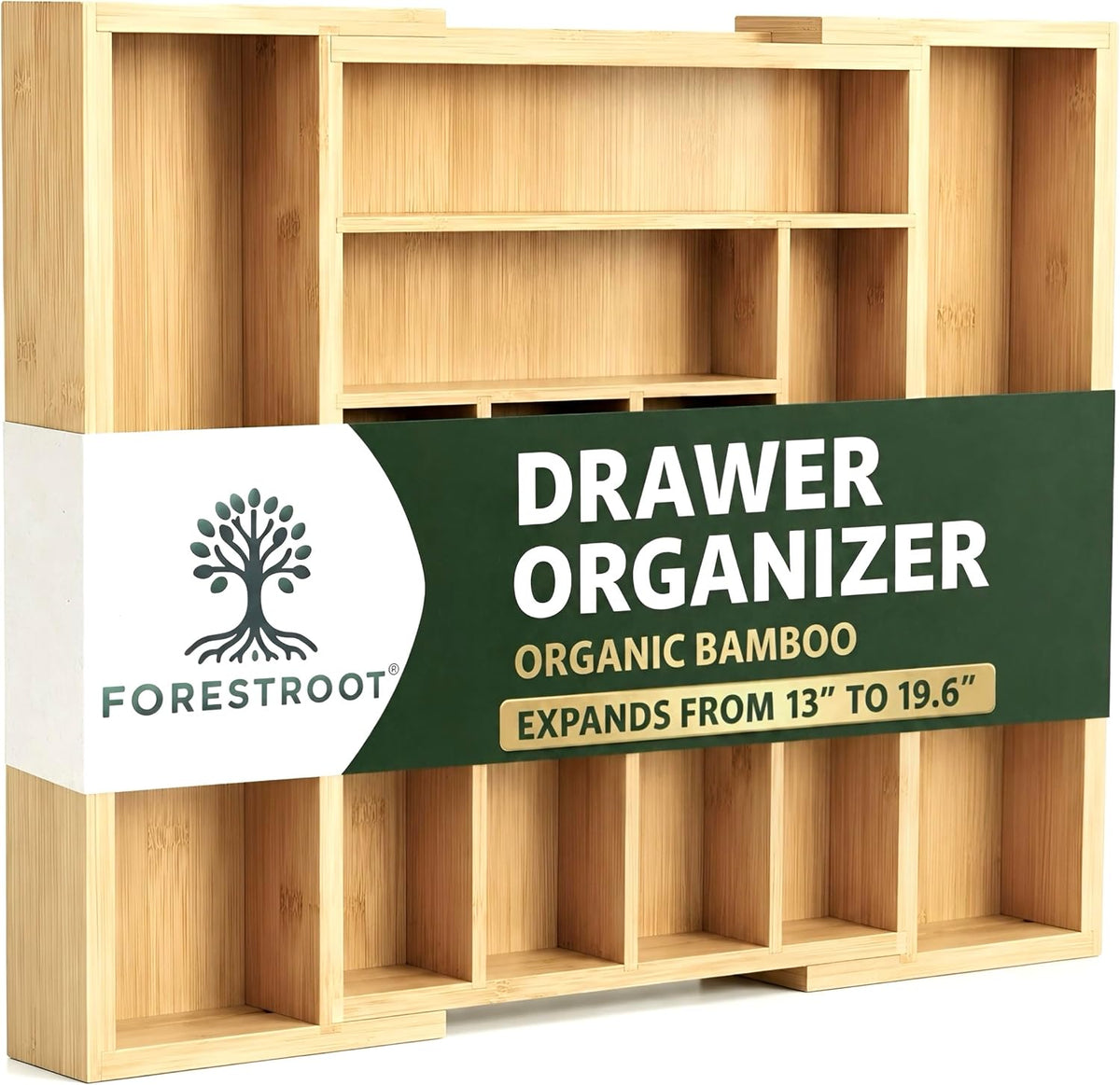 Bamboo Drawer Organizer, Expandable 8-Slot Silverware & Utensil Tray for Kitchen Drawers, Fits 13–19.5 Inch Drawers, Deep Compartments, Durable & Eco-Friendly Natural Bamboo