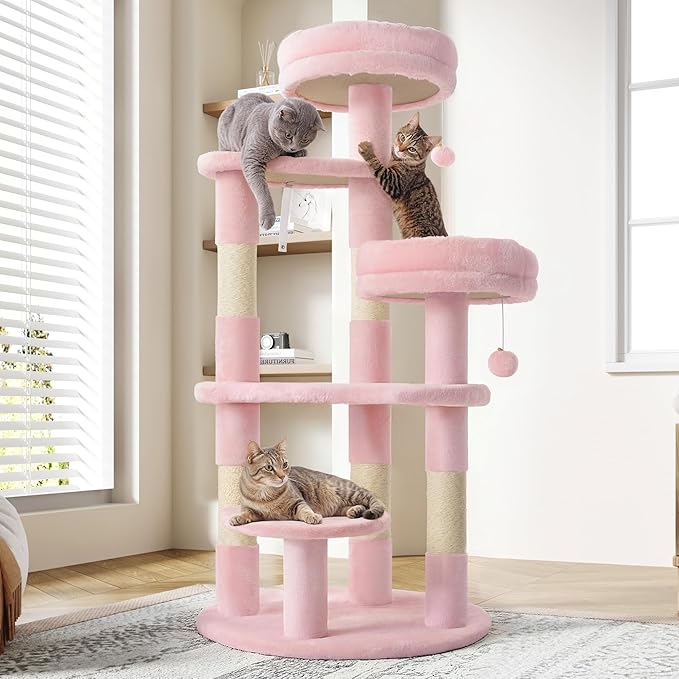 Allewie 55.5 in Cat Tree for Indoor Kitties/Soft Plush Perches/Multi-Level Cat Tower/Sisal Scratching Posts/Crescent Plates/Round Jumping Board/Hanging Ball/Pet Activity Center/Pink