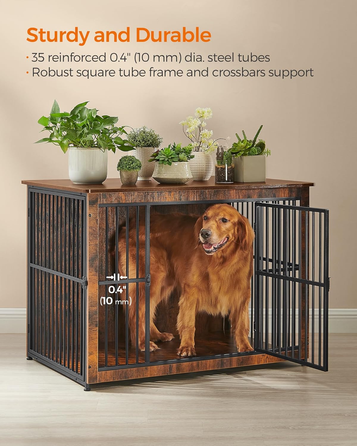 Feandrea Dog Crate Furniture, 43.3" Side End Table, Modern Kennel for Dogs Indoor up to 80 lb, Heavy-Duty Dog Cage with Enclosed Base, Double-Door Dog House, Rustic Brown UPFC024X01
