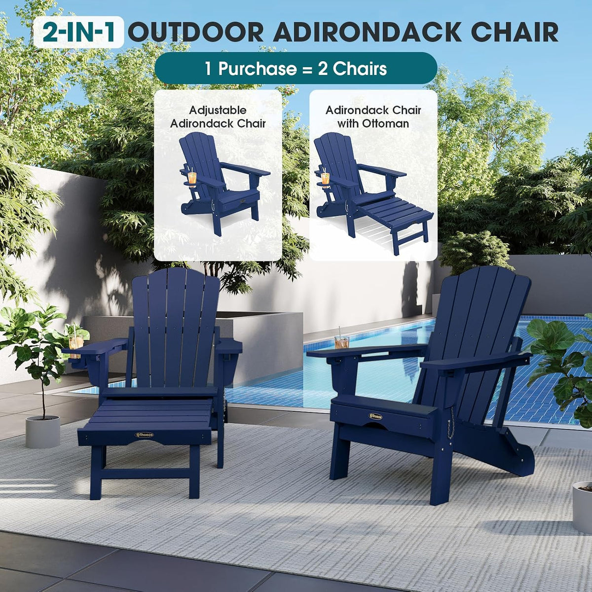 THOEOE Adirondack Chairs with Footrest, Folding HDPE Chairs