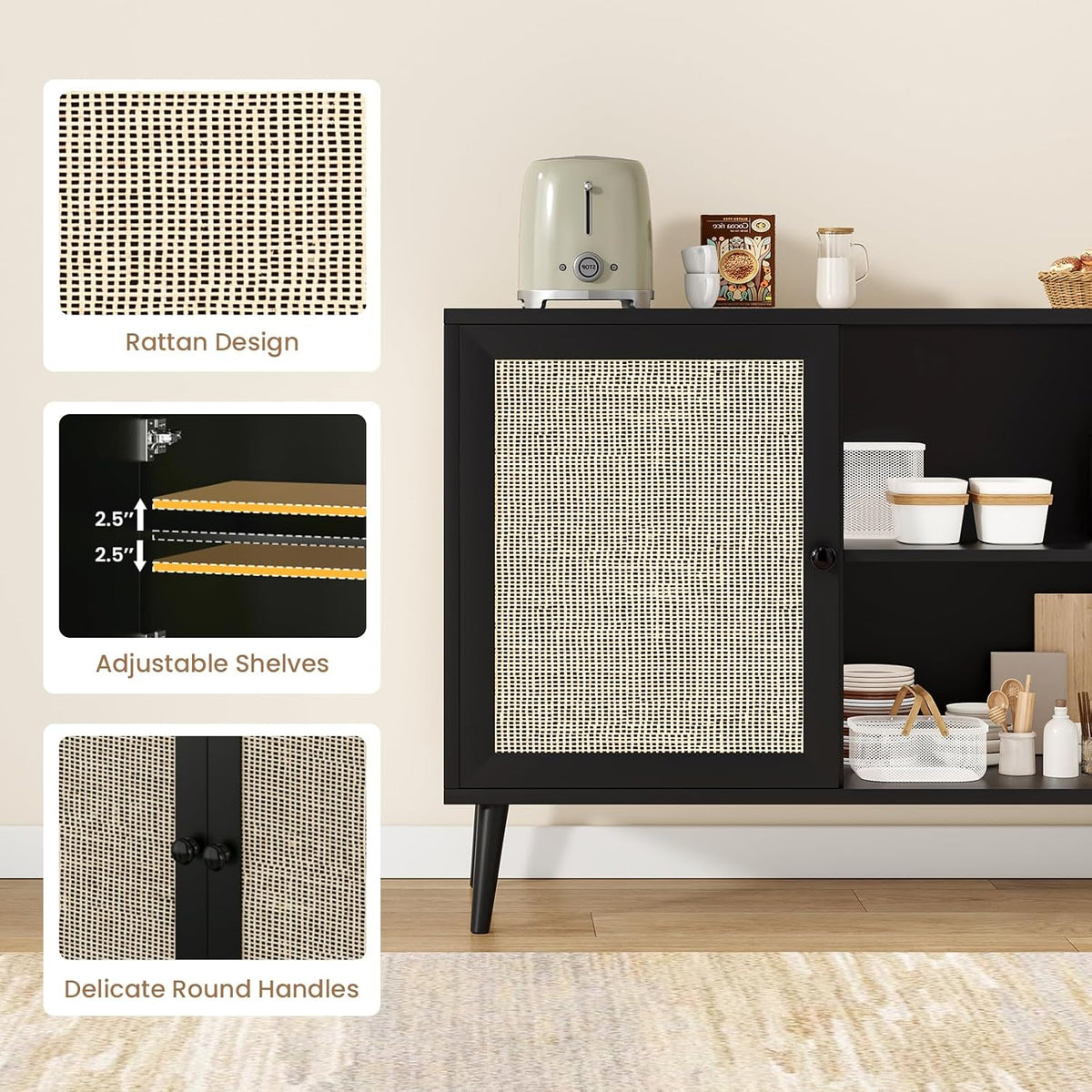 Farini Side Buffet Cabinet with Rattan Doors,Kitchen Sideboard Coffee Bar Storage Console Table,Black,59.1 inch