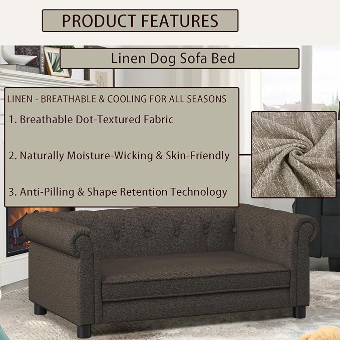 Elevated Rectangle Dog Sofa for Small & Medium Dogs - Comfortable Linen Fabric Dog Bed with Button Tufted Back, Durable Modern and Stylish Pet Bed for Living Room, Bedroom (Dark Brown)