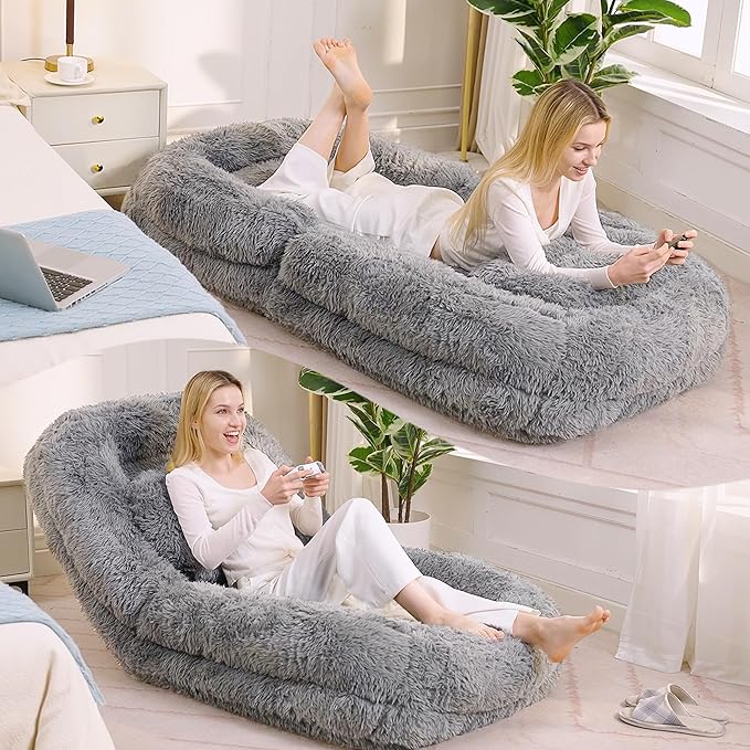 Gray Foldable Human Dog Bed - 69"x35"x12" Fits You & Pets with Comfy Pillow, Washable Faux Fur, Oversized Lounger Lazy Sofa Beds with 5 Adjustable Position